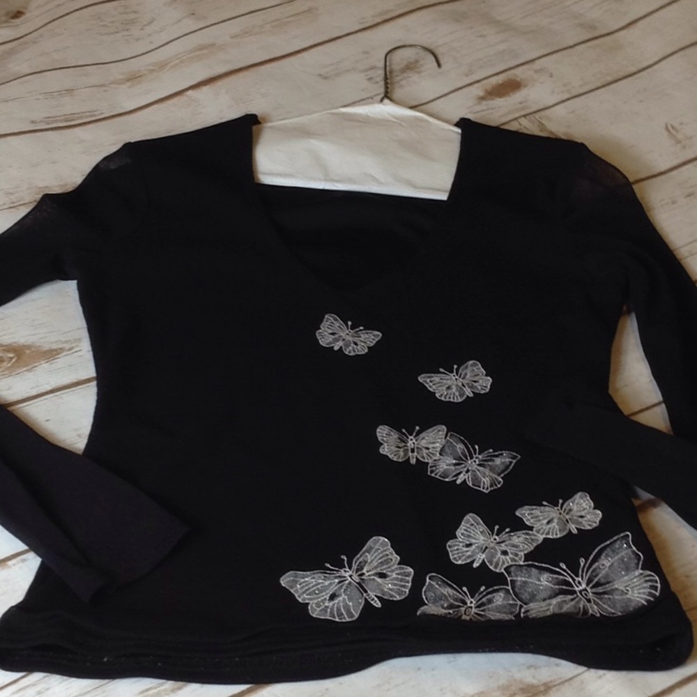 Baddie Black Butterfly Long Sleeve Lace Top Womens Size M BikerCore V-Neck Shirt